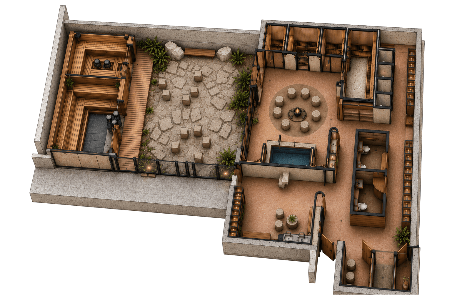 Yū Ritual facility — top-down floor plan of saunas, courtyard, and plunge rooms